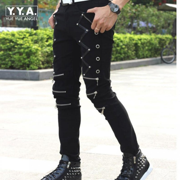2018 New Arrival Spring Fashion Mens Punk Skinny Pants For Man Cool Cotton Casual Pants Zipper Slim Fit Black Goth Trousers - 64 Corp