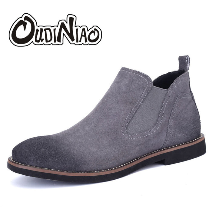 OUDINIAO Spring Fashion 2018 Chelsea Boots Men Slip On Cow Suede Cowboy Boots Mens Round Toe Split Leather Men Ankle Boots Black - 64 Corp
