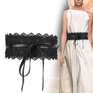 Fashion Black/White Belts For Women Faux Leather Lace Wide Belt Female Bowknot Weaving Belt Boho Waist Band ceinture femme - 64 Corp