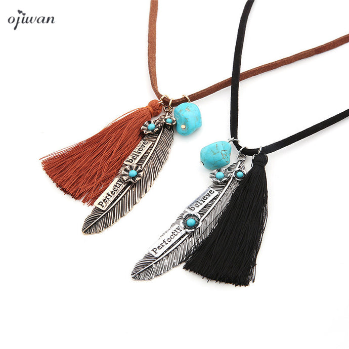 Ojiwan Long Tassel Necklace Collier Plumes Boho Feather Necklace Hippie Collier Pompon Cowgirl Indian Native American Jewelry - 64 Corp
