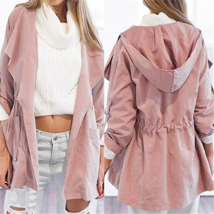 Autumn Women's Casual Hooded Windbreaker Coat Turndown Collar Overcoat Outerwear Coat Solid Color Trench Belt Slim Tops Coat