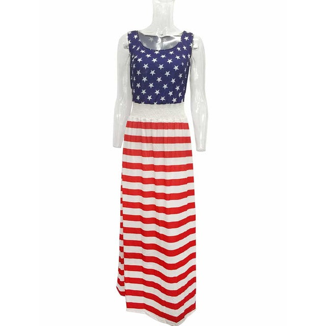 Women's Stars and Stripes Maxi Dress Sleeveless USA Independence Day Dress - 64 Corp