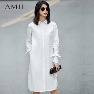 Amii Casual Minimalist Women Dress 2018 Solid Turn-down Collar Straps Long Sleeve Dresses - 64 Corp