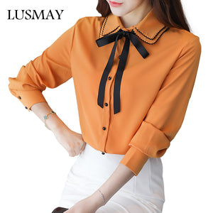 New Fashion Women Shirts Spring 2018 Peter Pan Collar Chiffon Blouse With Bow Tie Long Sleeve Elegant Shirt White Red Yellow - 64 Corp