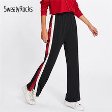 SweatyRocks Striped Slit Side Wide Leg Pants Women Casual Loose Preppy Style Trousers 2018 Spring Fall Elastic High Waist Pants - 64 Corp