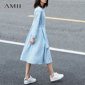 Amii Minimalist Casual Women Dress 2018 Solid O-Neck Puff Sleeve Drap Mid-Calf Dress - 64 Corp