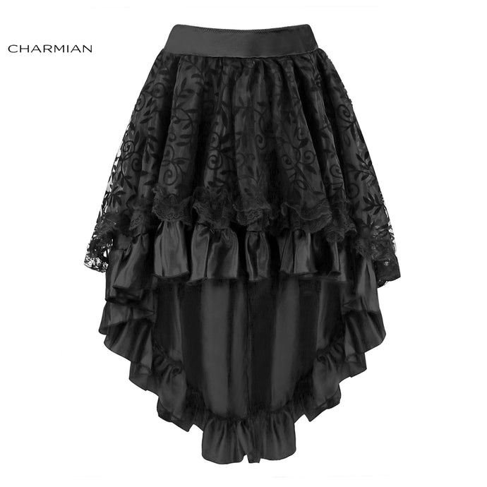 Charmian Women's Steampunk Gothic Vintage Skirt Black Floral High Low Skirt Sexy Wedding Party Lace Skirt with Zipper - 64 Corp
