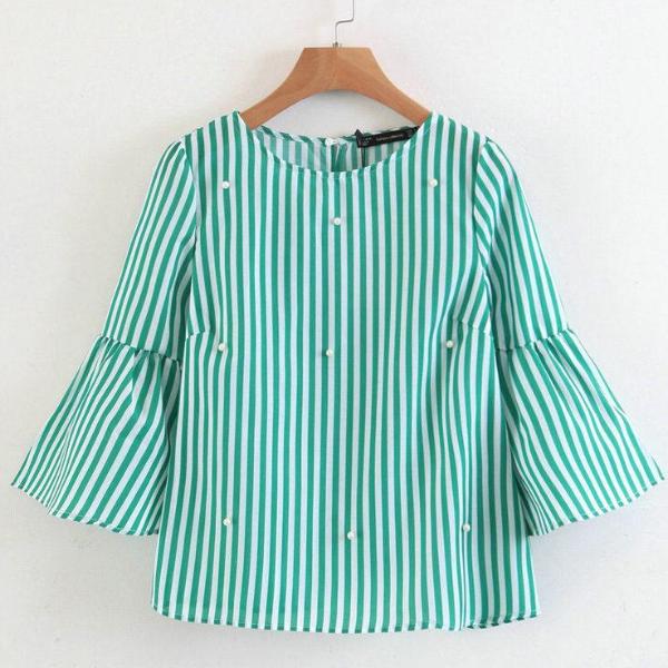 Pearls Beading Striped Shirts - 64 Corp