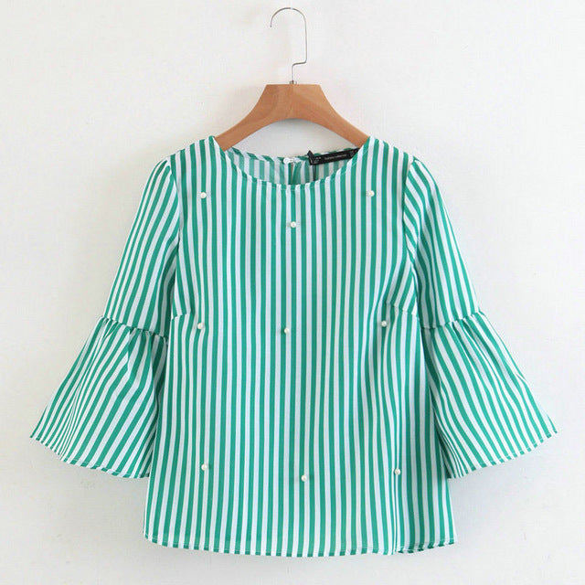 Pearls Beading Striped Shirts - 64 Corp