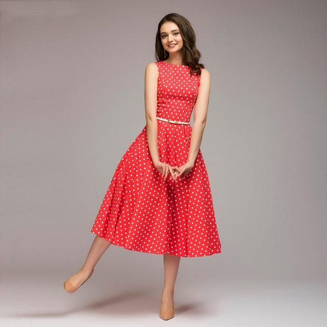 Vintage dress 2018 Summer New sleeveless O-neck vestidos Women elegant thin dot printing Mid-Calf casual dress Female - 64 Corp