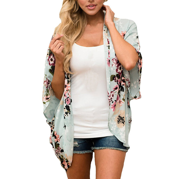 Boho Batwing Sleeve Coat Jacket Chiffon Blouse Women Casual Floral Print Loose Kimono Shirts Big Size Beach Tunic Tops Peplum - 64 Corp