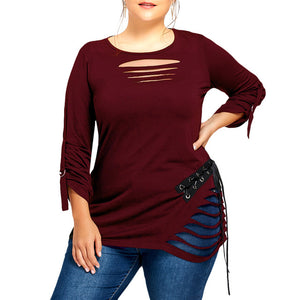 Gamiss Women Autumn T-Shirt Plus Size Lace Up Ripped T-Shirt Fashion Solid Color Round Neck Long Tops Casual Pullovers Femme 5XL - 64 Corp