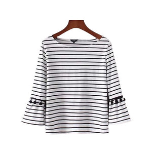 Vadim sweet fur ball decorate striped shirt flare sleeve O neck blouse ladies cute spring brand chic tops blusas mujer LT2715 - 64 Corp
