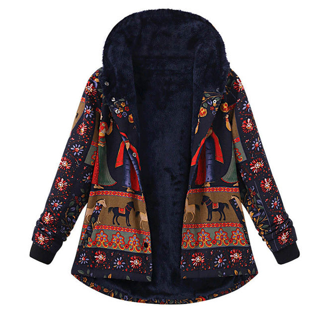 2018 Winter Celmia Vintage Women Hoodies Long Sleeve Buttons Down Jacket Boho Print Pockets Sweatshirt Coat Loose Fleece Outwear - 64 Corp