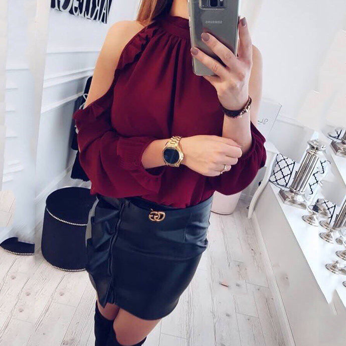 Fashion Women Casual Loose Chiffon Tops Blouses 2018 New Arrival spring summer Long Sleeves Strapless Burgundy Pink Shirt Blusas - 64 Corp