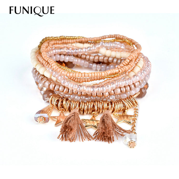 FUNIQUE Bohemian Style Star Charm Beads Bracelets For Women Boho Tassel Multilayer Simulated Pear Bracelet Jewelry Party Gift - 64 Corp