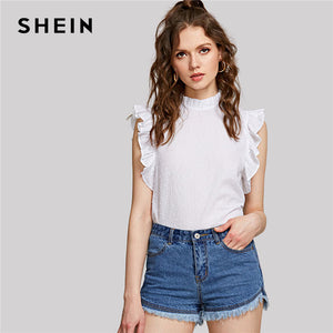 SHEIN Casual Ruffle Trim Sleeveless Dot Jacquard Top White Stand Collar Women Plain Cotton Blouse 2018 Summer Preppy Blouse - 64 Corp