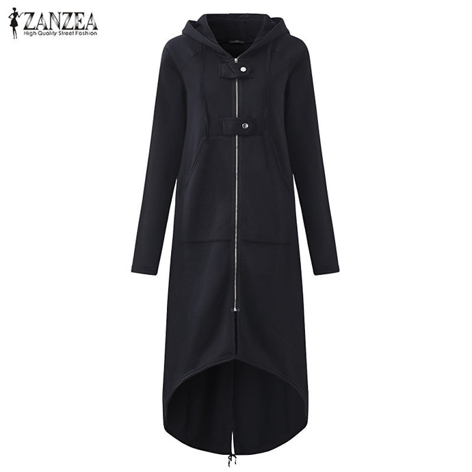 Plus Size 2018 ZANZEA Autumn Hooded Long Sleeve Zip Sweatshirt Hoodies Coat Women Solid Long Jacket Irregular Hem Black Outwear - 64 Corp
