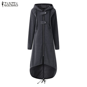Plus Size 2018 ZANZEA Autumn Hooded Long Sleeve Zip Sweatshirt Hoodies Coat Women Solid Long Jacket Irregular Hem Black Outwear - 64 Corp