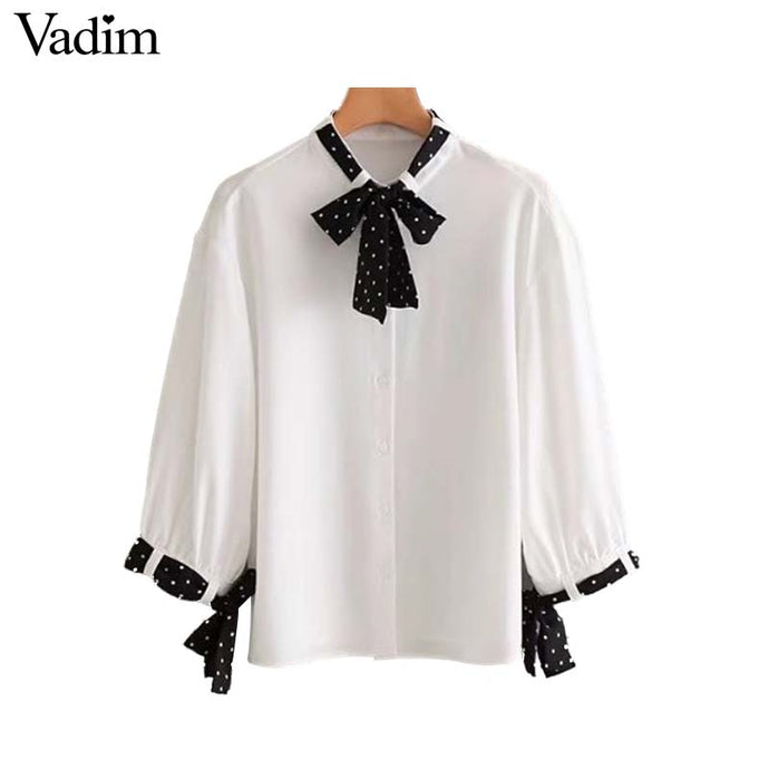 Vadim women elegant spliced chiffon loose shirts see through bow tie blouse ladies brand office wear chic tops blusas LT2769 - 64 Corp