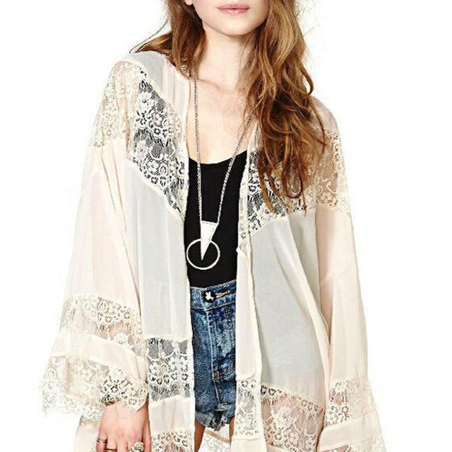 Plus Size 5XL Women 2018 Casual Vintage Boho Kimono Cardigan Lace Crochet Chiffon Loose Blouse Tops Beach Beige Black White - 64 Corp