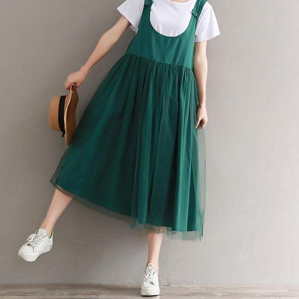 Mferlier Mori Girl Sleeveless Green Summer Dress O Neck Mesh Patchwork Loose Casual Women Solid All Match Artsy - 64 Corp