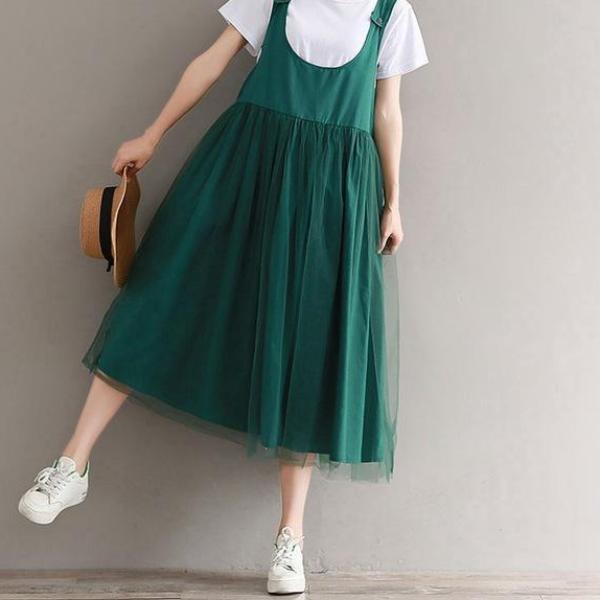 Mferlier Mori Girl Sleeveless Green Summer Dress O Neck Mesh Patchwork Loose Casual Women Solid All Match Artsy - 64 Corp