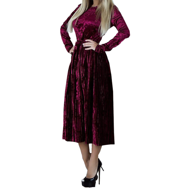 pleated velvet midi dress Fashion Pleated Velvet Dresses 2018 Elegant Women Party Dress Long Sleeve  Winter Autumn Velour Dress Solid Robe Mujer GV192 – Sekhon Family Office