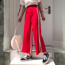 Casual Trousers Women 2018 Preppy Style Striped Side Split Elastic Waist Wide Leg Sweatpants Black Red pantalon femme B195 - 64 Corp