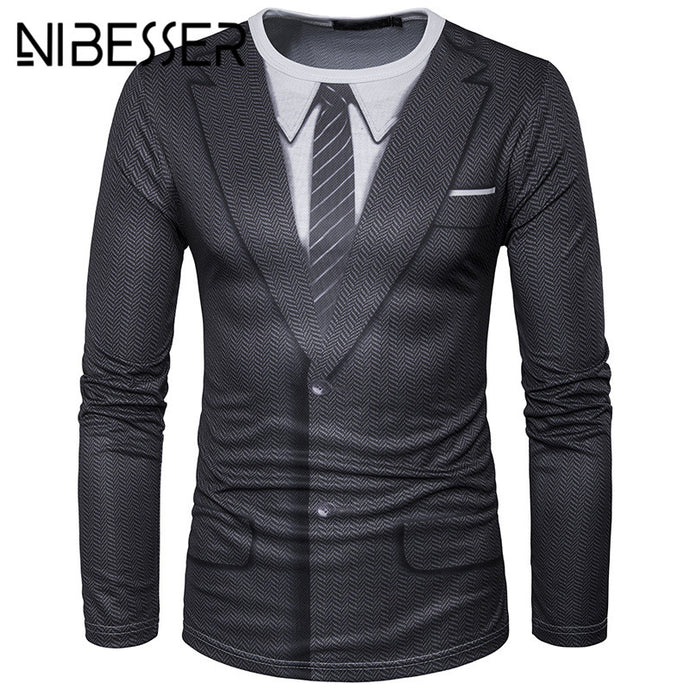 NIBESSER 2018 Spring Men's T shirts Casual fake 2 pieces 3d Printed Long Sleeve Male Slim Tee Tops Fashion Punk Rock Tee Shirts - 64 Corp