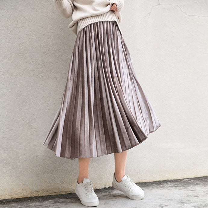 Spring 2018 Women Long Metallic Silver Maxi Pleated Skirt Midi Skirt High Waist Elascity Casual Party Skirt - 64 Corp