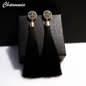 Charmwin Fashion Brand Camellia Earrings Exaggerated Vintage Rhinestone Crystal Long Tassel Dangle Earrings For Women PE1104 - 64 Corp