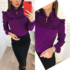 Women Fashion Long Sleeve Ruffles Loose Blouses Tops 2018 New lady Summer Casual Party Purple Navy blue Office Shirt blouse - 64 Corp