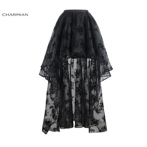 Charmian Women's Steampunk Gothic Vintage Skirt Floor Length Sexy Wedding Party High Low Black Floral Lace Skirt - 64 Corp