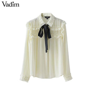 Vadim women sweet ruffled chiffon shirts bow tie neck transparent pleated long sleeve cute blouse casual chic tops blusas LT2453 - 64 Corp