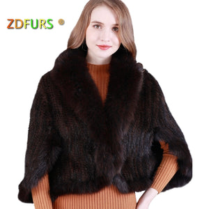 ZDFURS *New Genuine Knit Mink Fur Shawl Poncho With Fox Trimming Real mink fur jacket Fashion Women ZDKM-166001