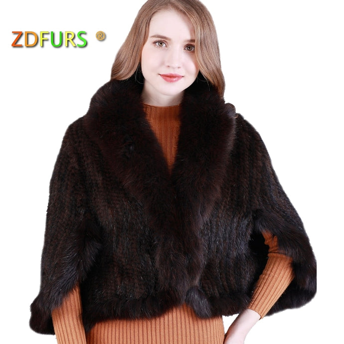ZDFURS *New Genuine Knit Mink Fur Shawl Poncho With Fox Trimming Real mink fur jacket Fashion Women ZDKM-166001