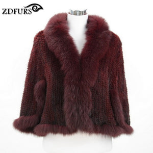 ZDFURS *New Genuine Knit Mink Fur Shawl Poncho With Fox Trimming Real mink fur jacket Fashion Women ZDKM-166001