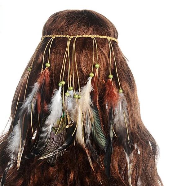 M MISM Feather Headband Women Peacock Rope Boho Hair Accessories Handmade Ethnic Plume Drop Beads Hair Band - 64 Corp