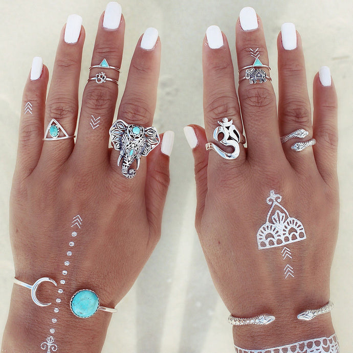 FAMSHIN 2017 8pcs /Pack Boho Retro Elephant Snake Blue gem Rings Lucky Stackable Midi Rings Set of Rings for Women Party - 64 Corp