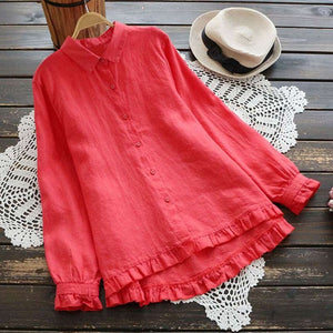 Mferlier Ladies Smart Casual Cotton Linen Summer Top Turn Down Collar Long Sleeve Artsy Ruffles Patchwork Women Blouses - 64 Corp