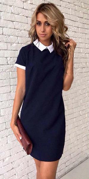 Women Office Turn-down Collar Gray Navy blue Mini dress Bodycon 2018 New Summer Short Sleeve Party Straight Dresses Plus Size - 64 Corp