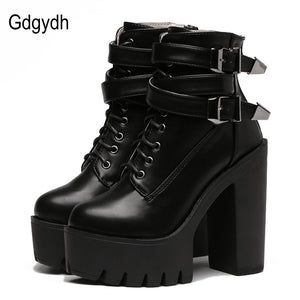 Gdgydh 2018 Spring Fashion Women Boots High Heels Platform Buckle Lace Up Leather Short Booties Black Ladies Shoes Good Quality - 64 Corp