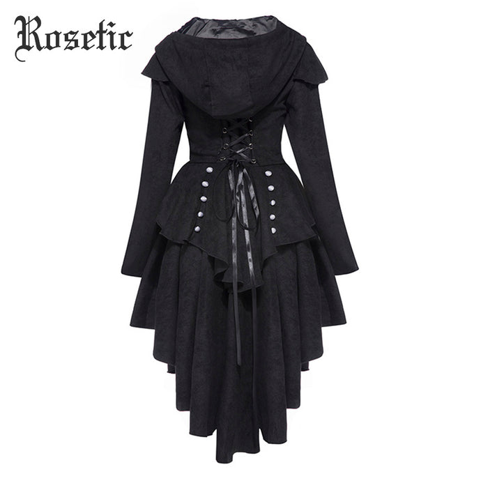 Rosetic Asymmetric Gothic Bandage Coat Black Vintage Swallow-tailed Outerwear Slim Women Overcoat Autumn Trench Retro Goth Coats - 64 Corp