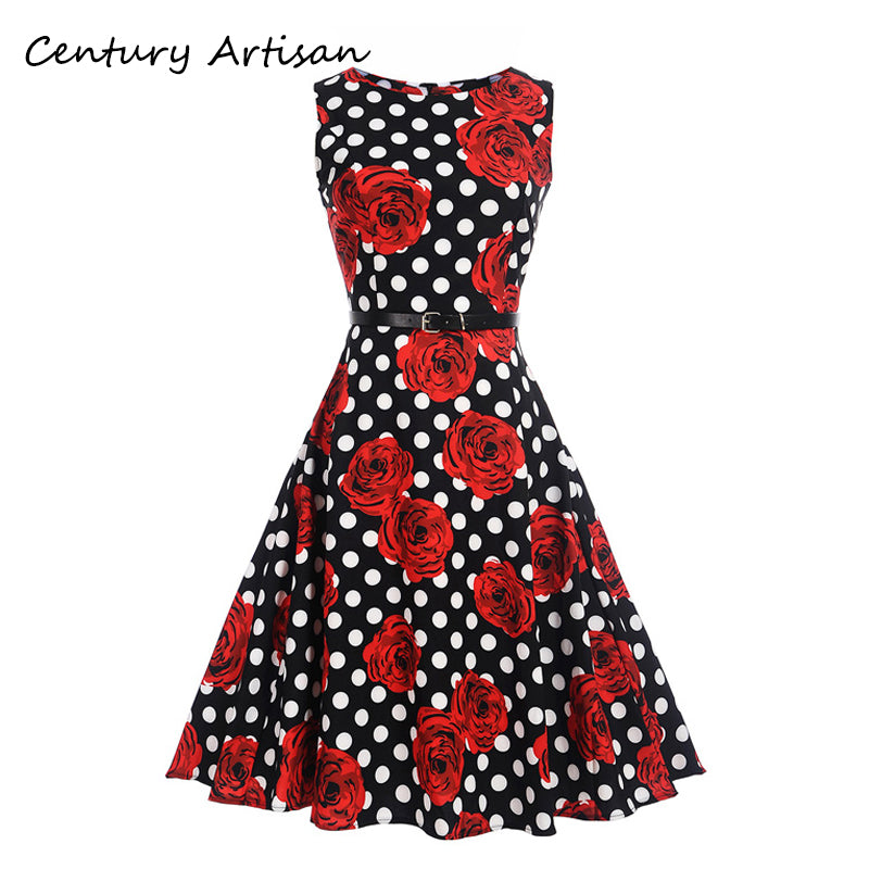2018 women summer dress retro CYAN Women Summer Dress 2018 Casual Floral Print Ball Gown Sleeveless Dress Vintage 50s 60s Party Dresses Female Vestidos 2XL Sekhon Family Office