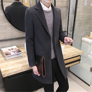 2018 Spring Men's Casual Long Sleeve Woolen Coat / Men's Solid Color Long Trench Coats Blends / plus size 5XL