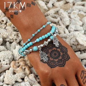 17KM 3PCS Vintage Hamsa Hand Bracelets & Bangles For Women Femme Stone Beads Charm DIY Love Bracelet Bijoux Ethnic Boho Jewelry - 64 Corp
