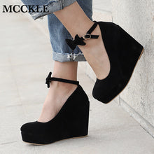 MCCKLE Women High Heels Plus Size Bowtie Platform Wedges Shoes Ladies Female Pumps Elegant Flock Buckle Strap Party Wedding Shoe - 64 Corp