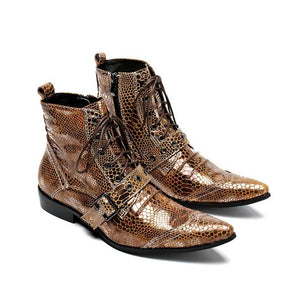 2018 New Snake Punk Martin Boots For Men Genuine Leather Buckle Metal Pointed Toe Male Ankle Boots Lace Up Gothic Riding Shoes - 64 Corp