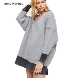 Boho Inspired oversized v-neck sweatshirt with fuzzy bodice hoodies patchwork long casual pullover women 2018 - 64 Corp